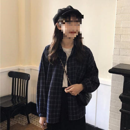 jinran 90s streetwear Plaid Shirt Chic Korean Style Loose Autumn New Preppy Style Lantern Sleeve Mid-Length Lapel Women's Shirt Fashion