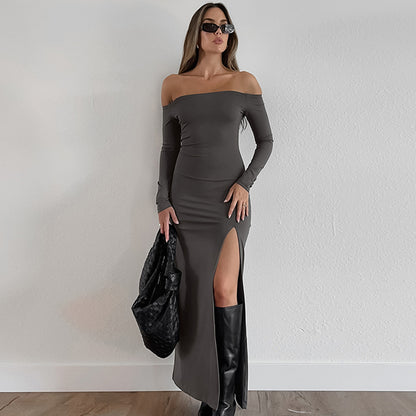 2025 Gray pure cotton sexy one-word neck split dress   new autumn fashion Popular trade women's dress