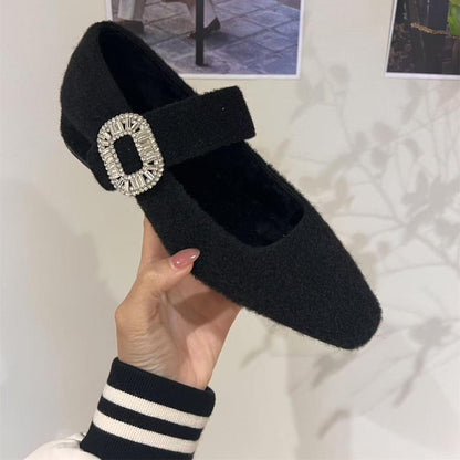 2025 thick heel velvet Mary Jane fluffy shoes women's shoes popular autumn and winter with skirt evening shoes rhinestone shoes