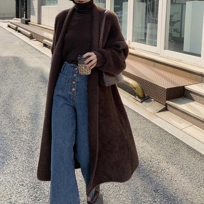 jinran 2024 fall fashion trends Korean Style Autumn and Winter New Style Faux Mink Velvet Sweater Women's Cardigan Outer Wear over the Knee Long Loose Overcoat Women's Coat