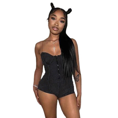 jinran fall 2024 fashion trends Knitted Rib Distressed Wrapped Chest Sleeveless Transparent Shoulder Strap Tight Slimming Sexy Special Strap Jumpsuit Shorts for Women