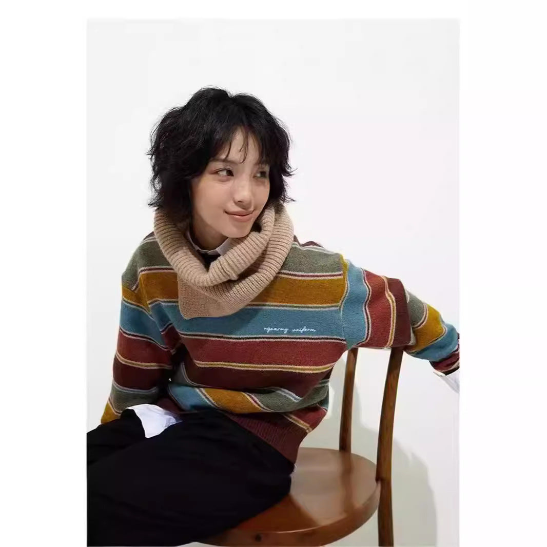 jinran sweater 2024 New Retro Preppy Style Colorful Striped Sweater Women's Sweater Stacked Striped Sweater Fashion