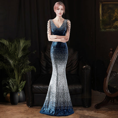 2025 Evening dress women's light luxury dinner dress temperament celebrity banquet high-end sequins fishtail long dress