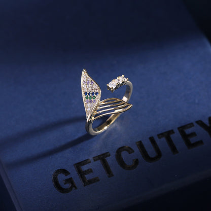 2025 Niche creative design fashionable personalized ring, slightly inlaid zircon opening adjustable index finger ring, mermaid tail ring