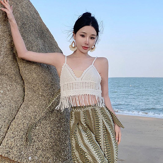 2025 White suspender vest women's inner summer bohemian fringed shirt hot short bottom Thai niche top