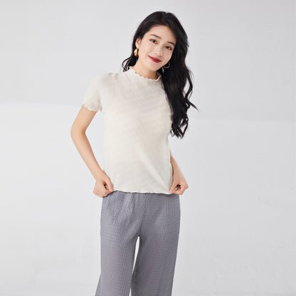 2025 Women's hot-selling short-sleeved T-shirt summer temperament semi-turtleneck slim-fitting and thin commuting simple versatile pleated top