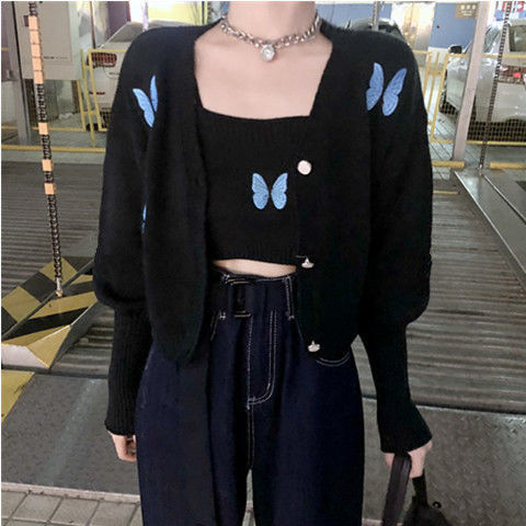 jinran clothes Autumn New Korean Style Preppy Style Butterfly Embroidered Princess Sleeve Short Sling Coat Two-Piece Cardigan for Women