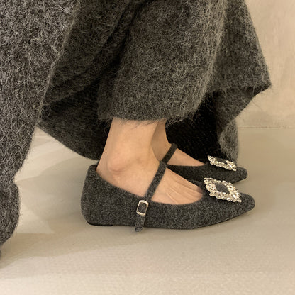2025 Inner height-increasing rhinestone fluffy shoes women's winter velvet warm cotton shoes single shoes  temperament fairy Mary Jane shoes