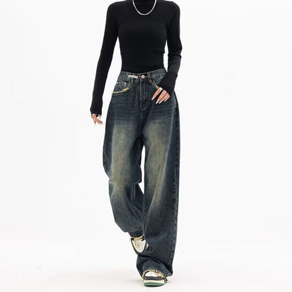 jinran 2000s fashion Harajuku Fashion High Waist Women's Spring and Autumn New All-Match Zipper Light Color Washed Trendy Jeans Simple Straight Pants