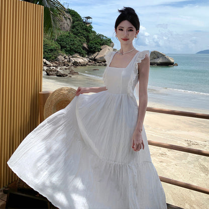 2025 sweet little flying sleeve dress women's summer square collar back strap design seaside vacation suspender dress