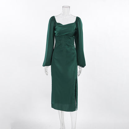 2025 slim-fitting square-neck bubble-sleeved dress, satin  temperament, medium and long skirt, lace-up, split A-shaped skirt, women's clothing