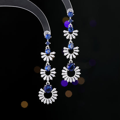 2025 Cross-border Korean earrings for women light luxury colored zirconium retro 925 silver earrings round face slim long geometric fan-shaped earrings