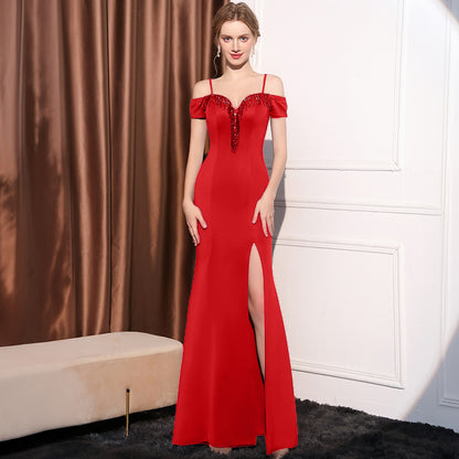 2025 Evening dress women's one-word shoulder high-end temperament socialite banquet dinner Hepburn style tube top side split fork long dress