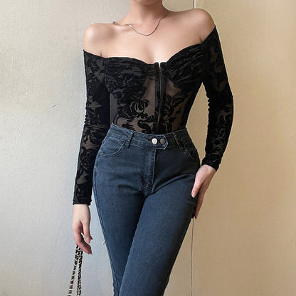 jinran barn jacket outfits Summer New Lace Printed Slim-Fit Jumpsuit Style Flocking off-Shoulder Long-Sleeved Top for Women