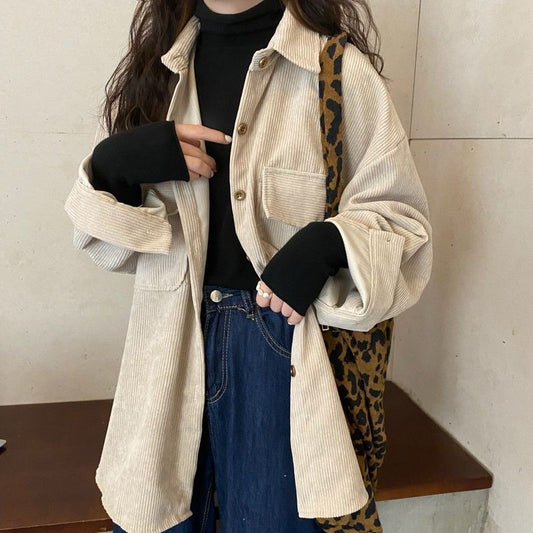 jinran fall outfits aesthetic Corduroy Coat Women's Autumn and Winter All-Matching Jacket New Retro Hong Kong Style Mid-Length Shirt Fashionable Top