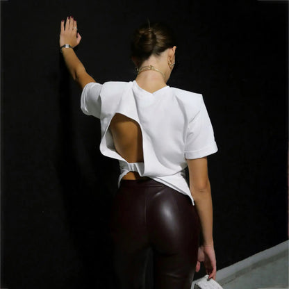 2025 Trendy brand New street style backless design sense pullover T-shirt women's short-sleeved summer alphabet printed T-shirt high sense