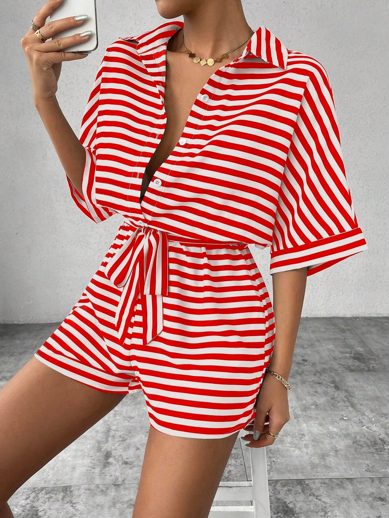 2025 spring and summer  Popular trade New striped lapel cardigan button medium sleeve belt shorts set onesie women