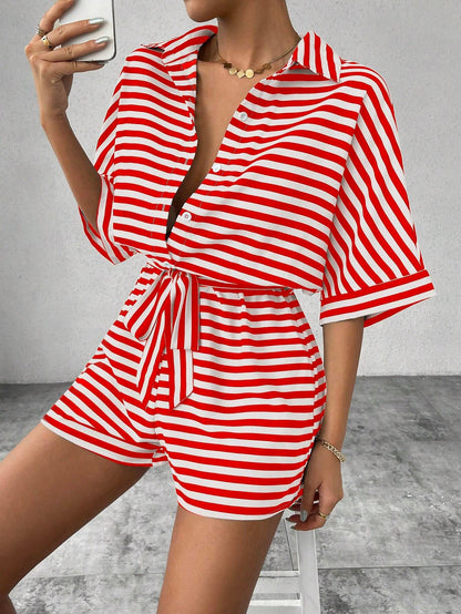 2025 spring and summer  Popular trade New striped lapel cardigan button medium sleeve belt shorts set onesie women