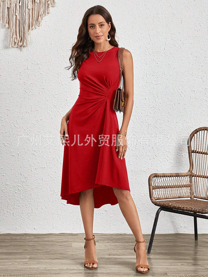 2025 summer, Popular, ,  New women's clothing summer new fashion sleeveless solid color A word crumpled dress