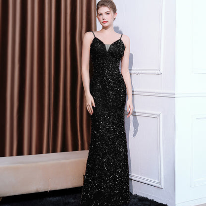 2025 Evening dress female high-end high-end celebrity style thin banquet temperament host sequined fishtail long dress