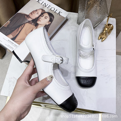 2025 Cowhide version~ High-heeled new Xiaoxiangfeng Mary Jane shoes for women's leather thick heel one-word buckle black and white color matching single shoes for women