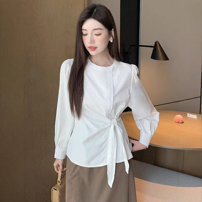 2025 White shirt women's  spring clothes new Korean version fashion pleated lace-up cotton long-sleeved casual top Popular trade waist