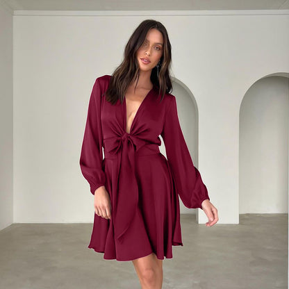 2025 fashion sexy V-neck lantern sleeve satin fabric dress loose long sleeve lace-up short skirt women's solid color