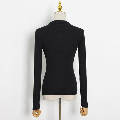 2025 Korean version of the design sense knitted sweater  spring new irregular double-breasted lapel solid color slim-fit cardigan sweater