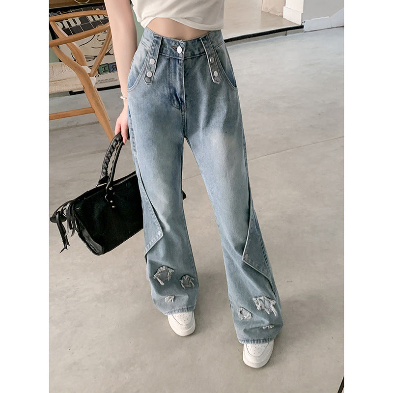 jinran y2k 2024 Retro Star Patch Jeans Women's High Waist Design Sense Niche Slimming Straight Skinny Pants