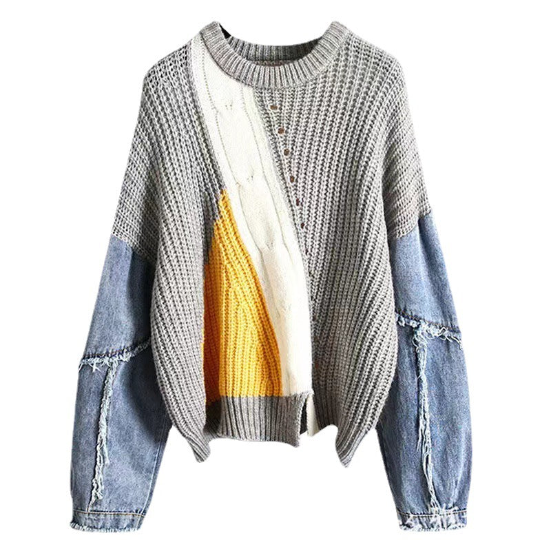 jinran 2024 fall fashion trends Denim Stitching Twist New Sweater Women's Spring and Autumn Pullover Top Slimming Temperament Loose Sweater Women's Clothing