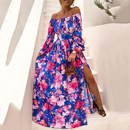 New summer new  bohemian vacation style one-word collar big swing dress fashion printed dress