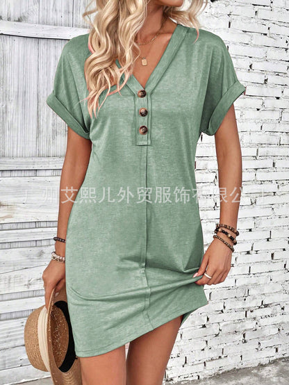 2025 Popular, ,  New summer women's clothing fashion versatile buckle V-neck shoulder roll sleeve solid color dress
