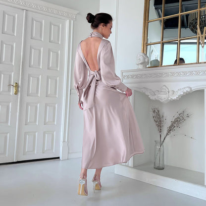 2025 fashion design sense small stand-up collar dress  autumn commuting bubble sleeve A-shaped skirt women's halter dress