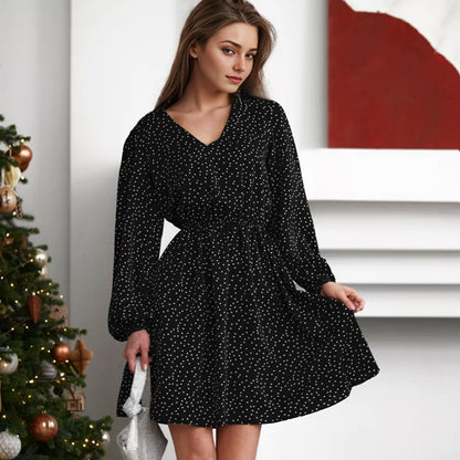 2025 spring wildberries polka dot V-neck bubble sleeve long-sleeved dress New fashion retro short skirt women