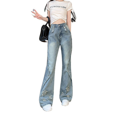 jinran y2k 2024 Retro Star Patch Jeans Women's High Waist Design Sense Niche Slimming Straight Skinny Pants