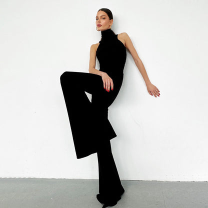 2025 Hot trade  Sexy Spice Girls Premium sense pleated streamer design turtleneck jumpsuit high waist slim-fitting micro-pull pants women