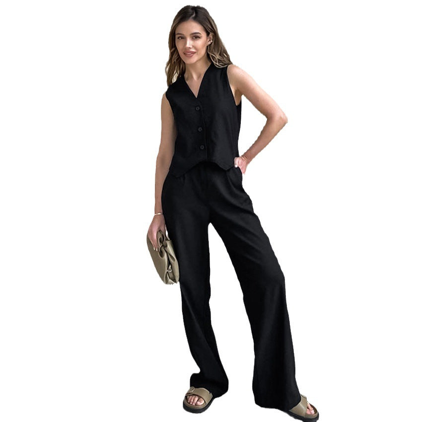 jinran fashion Early Autumn New Cotton and Linen Suit V-neck Suit Vest High Waist Straight Pants Elegant Casual Women