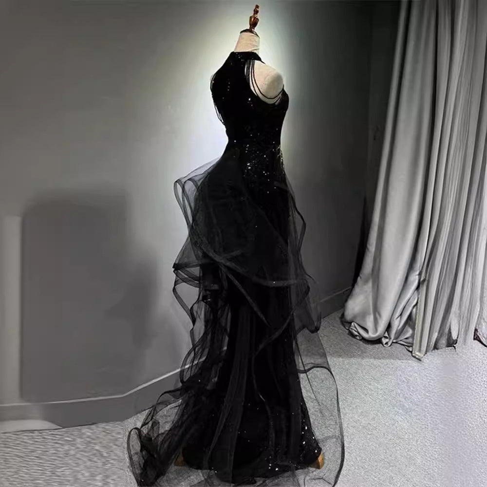 jinran witch dress to impress New Evening Dress Black High-Grade Slim-Fit Elegant Lady Host Halter Fishtail Dress Wedding Toast Dress Summer