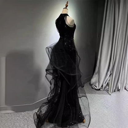jinran witch dress to impress New Evening Dress Black High-Grade Slim-Fit Elegant Lady Host Halter Fishtail Dress Wedding Toast Dress Summer