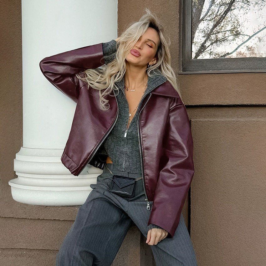 jinran moto jacket outfit Retro Motorcycle Style Wine Red Leather Coat for Women 2024 Autumn Fashionable Matte Leather Jacket Coat for Women