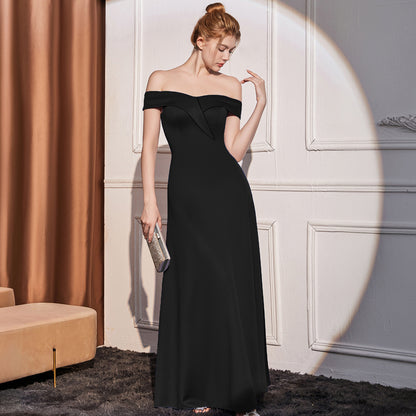 2025 Evening dress dress women's high-end temperament simple high-end sense celebrity banquet one-word shoulder thin pendant long dress