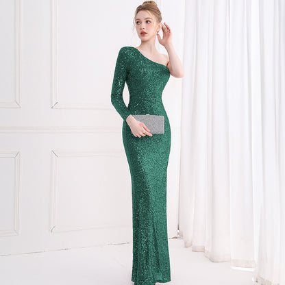 2025 Evening dress femininity light luxury banquet model catwalk company annual meeting host single shoulder long dress