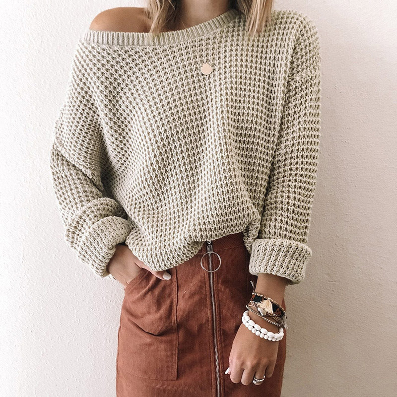 jinran discover style ideas 2024 New Sweater Women's Solid Color Loose Oblique Collar Long Sleeve Knitted Top Autumn and Winter Sweater