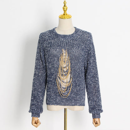 2025 Temperament Personality Heavy Industry Knitted Top  Spring New Crew Neck Long Sleeve Hollow Thick Chain Decorative Sweater Women