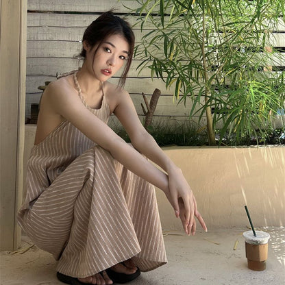 2025 neck dress women's summer new high-end cotton and linen stripes loose and thin backless long skirt