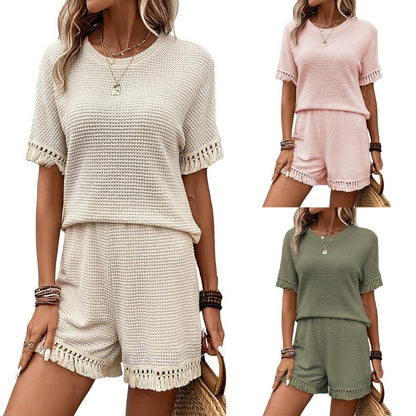 2025 Popular, ,  New women's clothing summer new solid color simple versatile fringe trim texture two-piece set