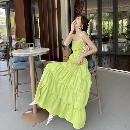2025 New seaside vacation dress sexy niche retro  coffee break pleated hollow temperament suspender long dress women