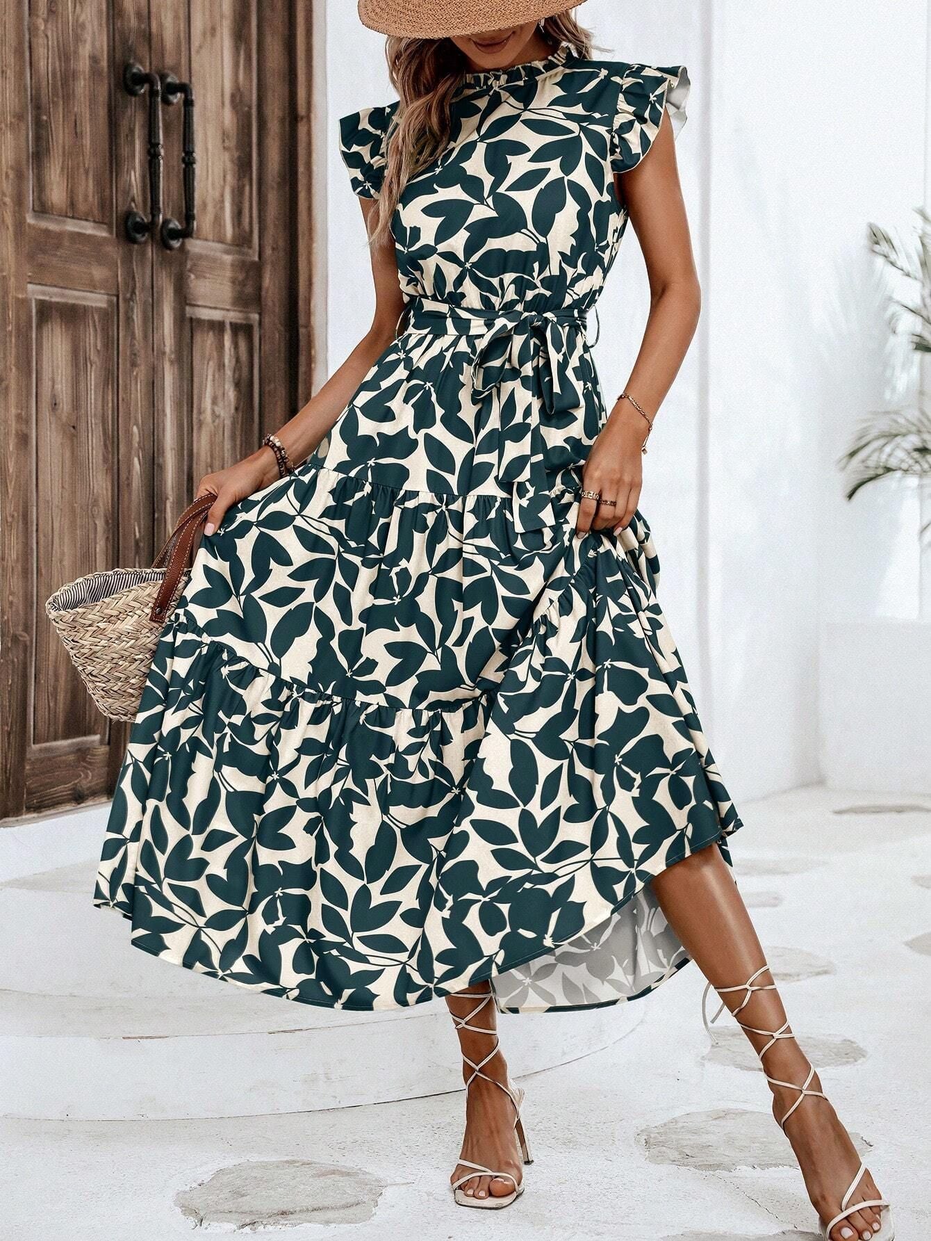 2025 Popular, ,  New women's clothing summer new fashion fungus edge flying sleeves lace-up printed fairy skirt