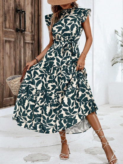 2025 Popular, ,  New women's clothing summer new fashion fungus edge flying sleeves lace-up printed fairy skirt