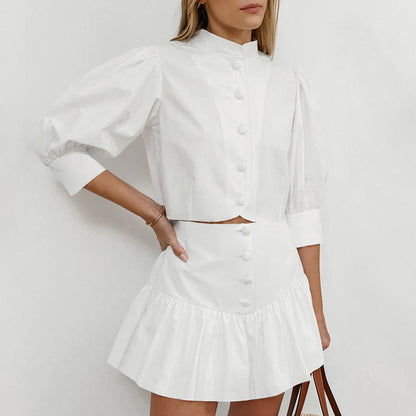 jinran fall 2024 fashion trends 2024 Summer White Lantern Sleeve Shirt Short Skirt Two-Piece Set Women's Design Sense Professional Suit Women's Clothing